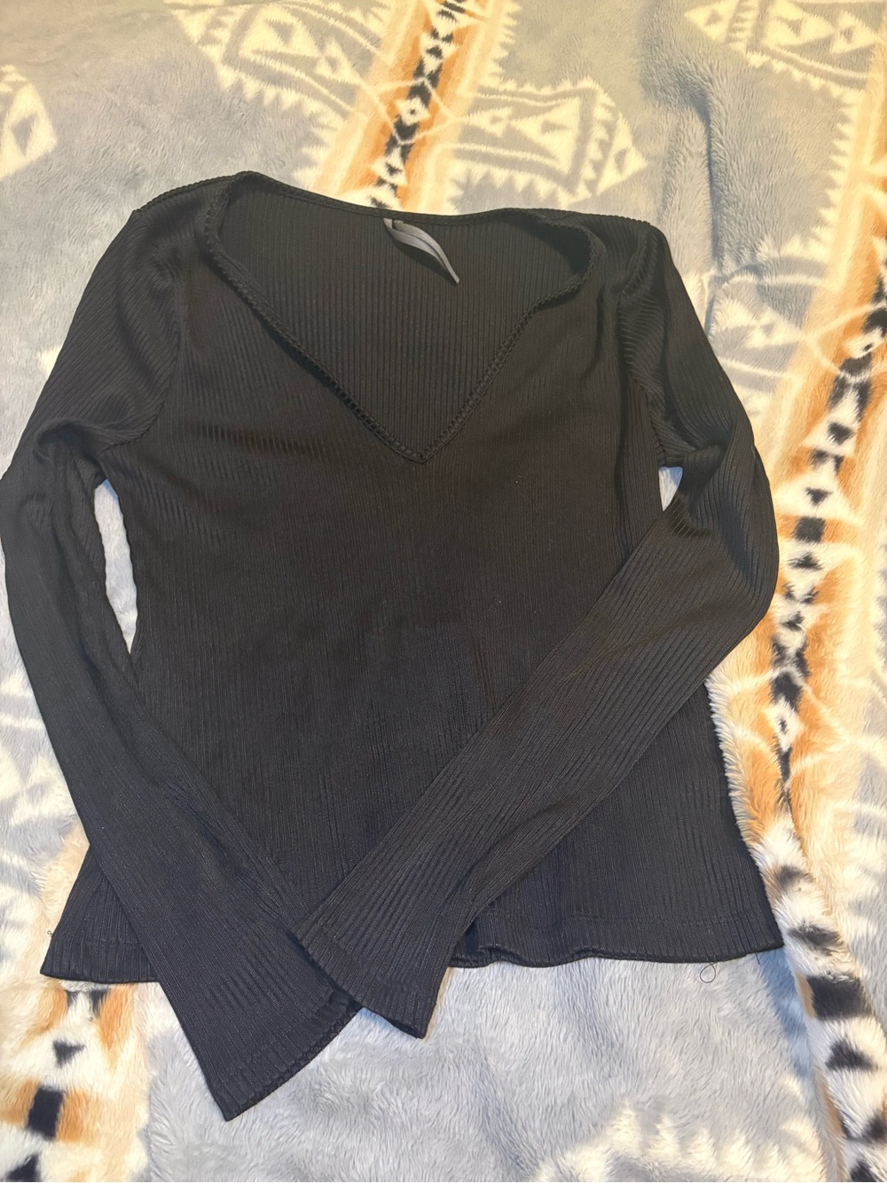 Anthropologie Black Ribbed V-Neck Long-Sleeve Top